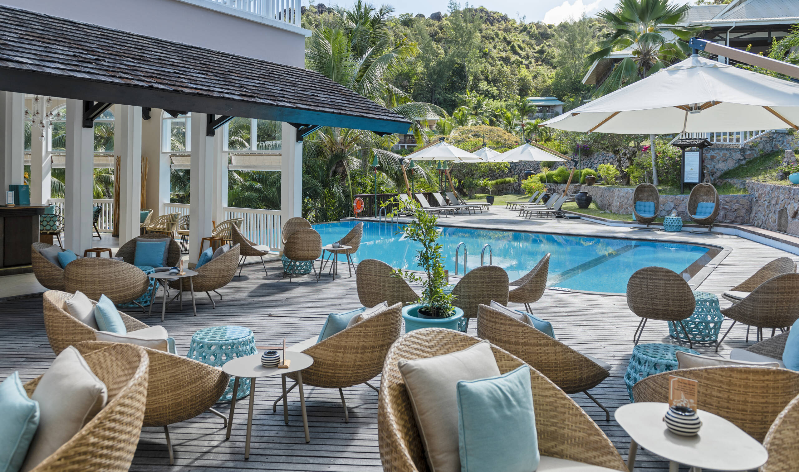 Lounging and pool area at Hotel L'Archipel, Praslin | Just Seychelles