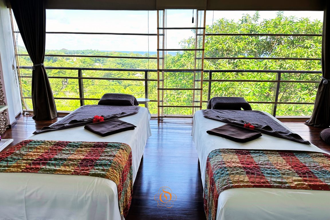 Spa at Le Domaine de L'Orangeraie Resort and Spa, La Digue, looking out to beautiful greenery | Just Seychelles