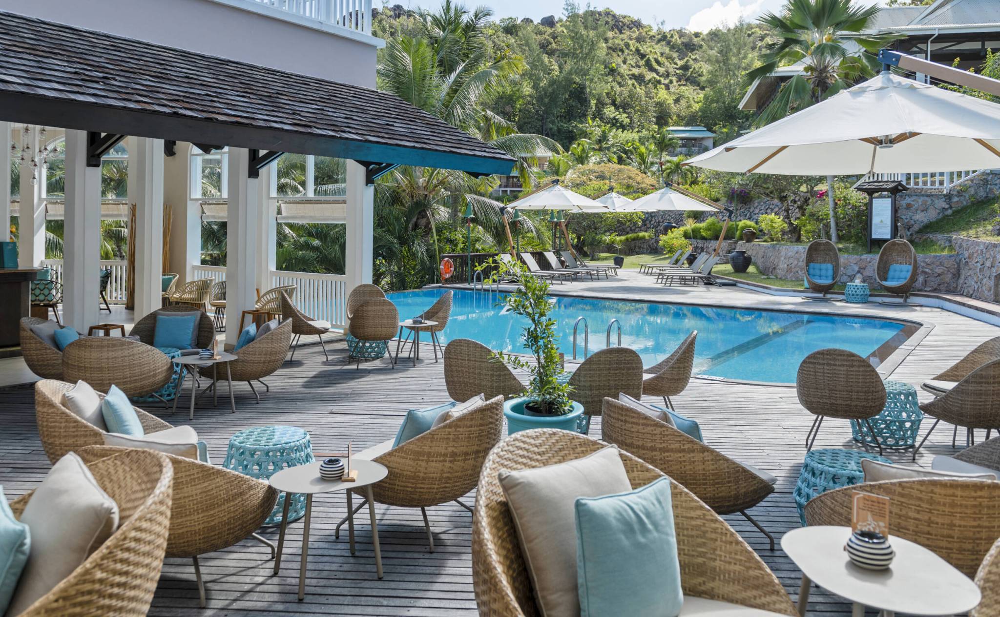 Lounging and pool area at Hotel L'Archipel, Praslin | Just Seychelles